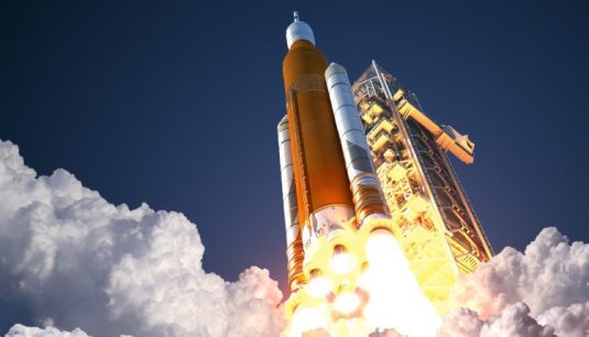 Space Launch System Takes Off. 3D Illustration.